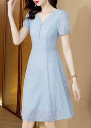 Modern Light Blue V Neck Tulle Mid Dress Short Sleeve