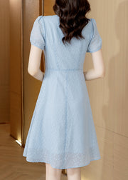 Modern Light Blue V Neck Tulle Mid Dress Short Sleeve