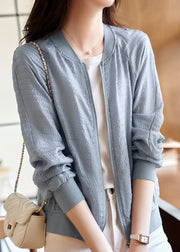 Modern Light Blue Zip Up Wrinkled Cotton Coat Fall