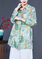 Modern Light Green Oversized Print Silk Shirt Tops Spring