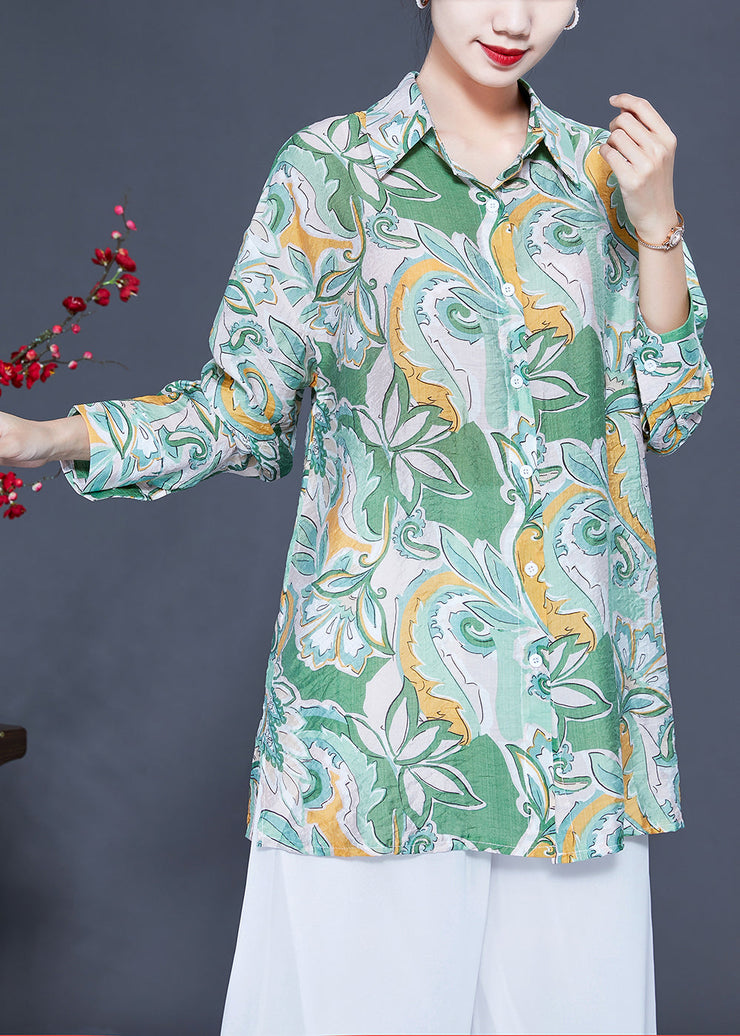 Modern Light Green Oversized Print Silk Shirt Tops Spring