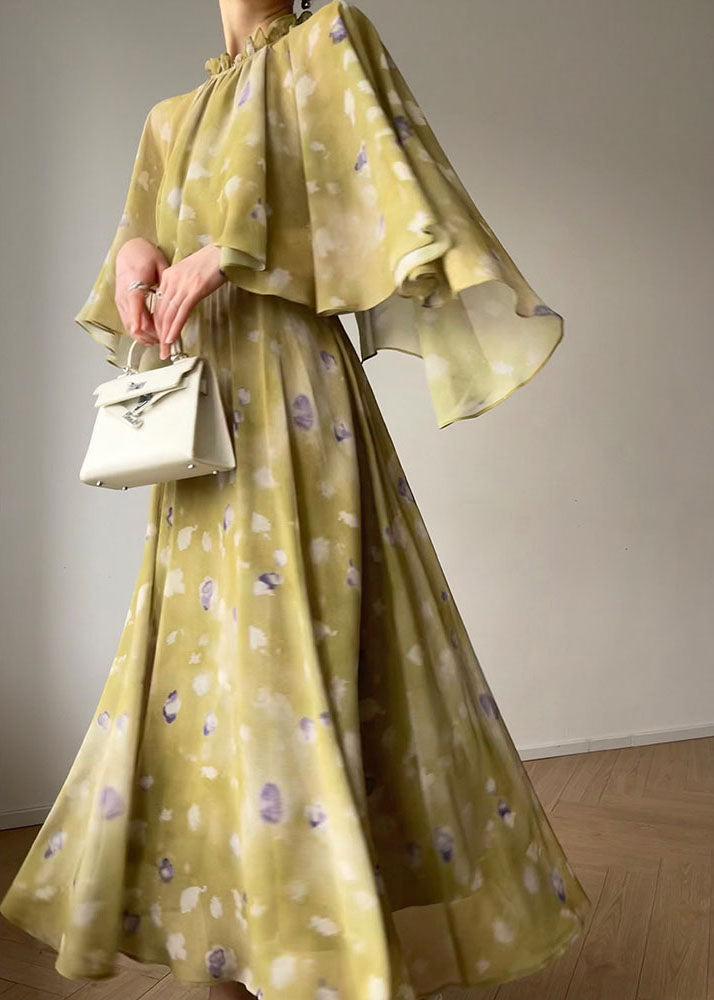 Modern Light Green Stand Collar Print Chiffon Long Dress Summer