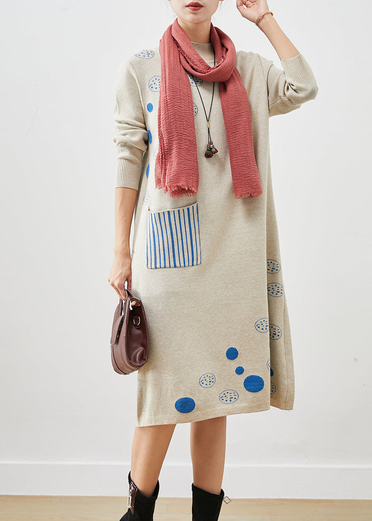 Modern Light Grey Print Knit Long Dress Fall