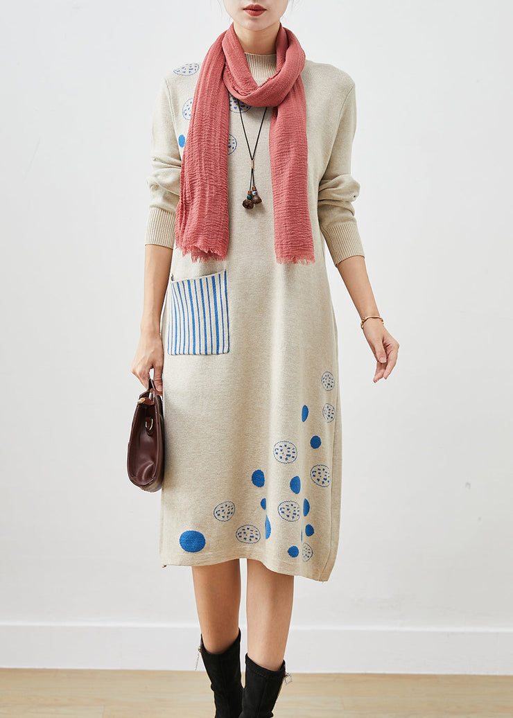 Modern Light Grey Print Knit Long Dress Fall