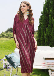 Modern Mulberry V Neck Striped Wrinkled Maxi Dresses Fall