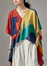 Modern Multicolor V Neck Patchwork Low High Design Long Top Short Sleeve