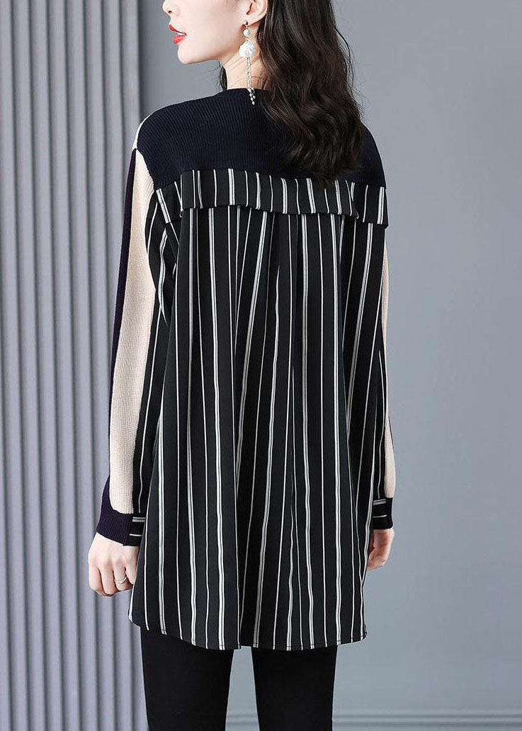 Modern Black Beige Asymmetrical Patchwork Striped Knit Shirt Tops Long Sleeve