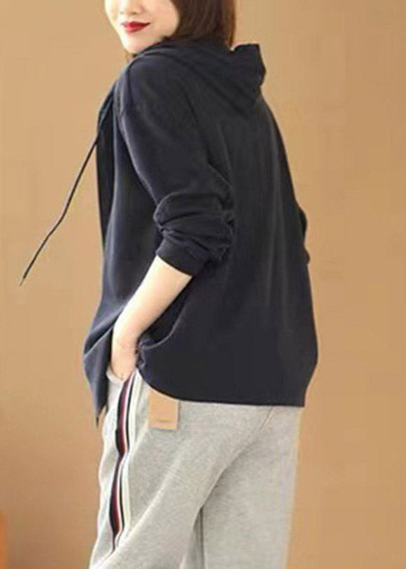 Modern Navy Drawstring Button Cozy Knit Hoodie Coat Long Sleeve