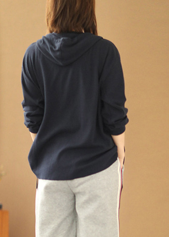 Modern Navy Drawstring Button Cozy Knit Hoodie Coat Long Sleeve