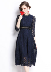 Modern Navy Embroideried Hollow Out Lace Long Dresses Bracelet Sleeve