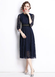 Modern Navy Embroideried Hollow Out Lace Long Dresses Bracelet Sleeve