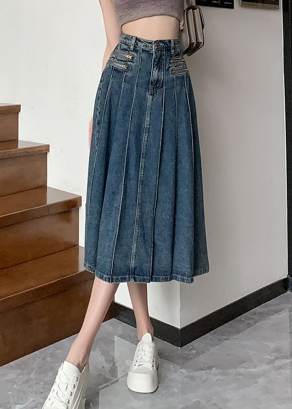 Modern Navy High Waist Zip Up Denim Pleated Skirt Summer