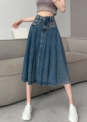 Modern Navy High Waist Zip Up Denim Pleated Skirt Summer