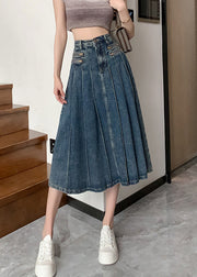 Modern Navy High Waist Zip Up Denim Pleated Skirt Summer