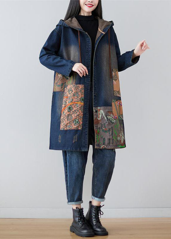 Modern Navy Hooded Patchwork Print Denim Coats Spring