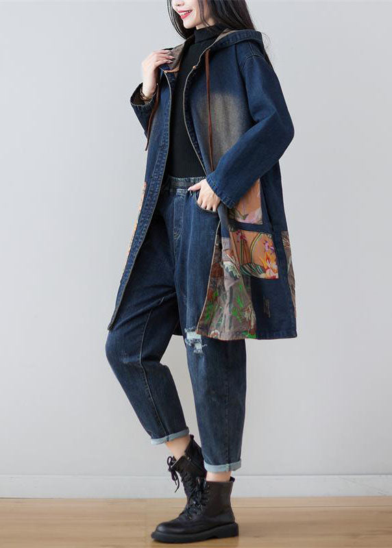 Modern Navy Hooded Patchwork Print Denim Coats Spring