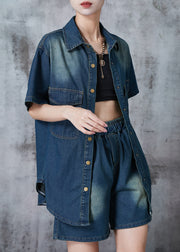 Modern Navy Oversized Denim Women Sets 2 Pieces Summer