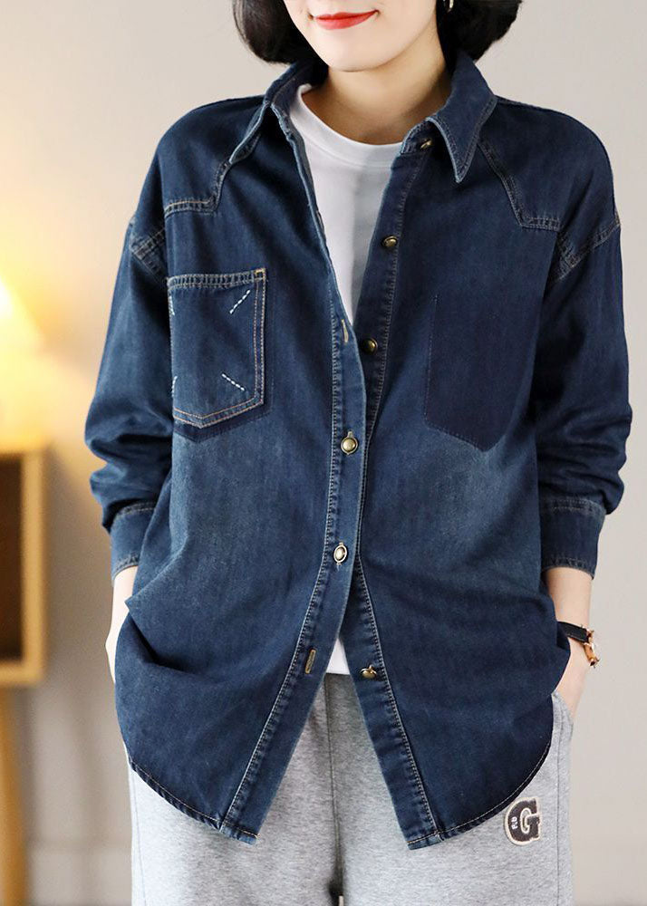 Modern Navy Oversized Embroidered Warm Fleece Denim Jackets Spring