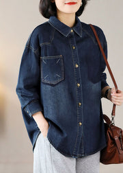 Modern Navy Oversized Embroidered Warm Fleece Denim Jackets Spring