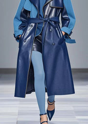 Modern Navy Oversized Patchwork Woolen Faux Leather Trench Fall