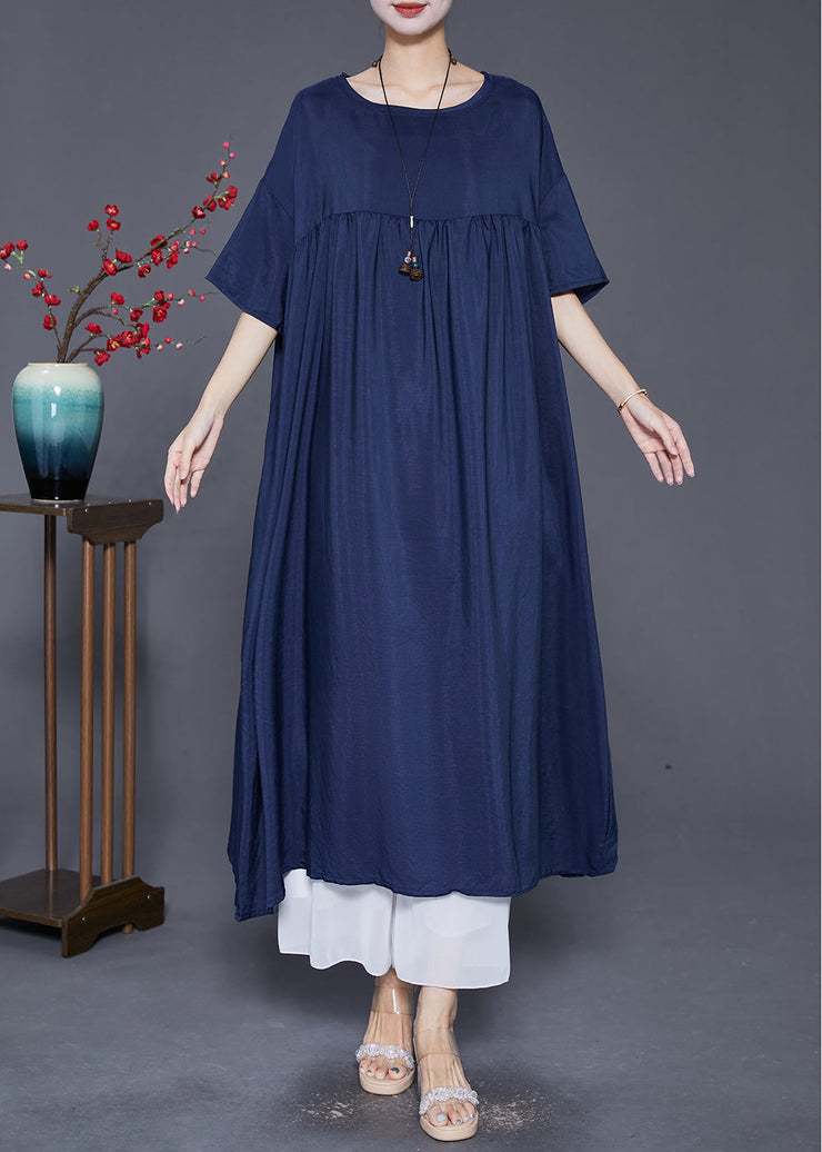 Modern Navy Oversized Patchwork Wrinkled Cotton Dress Summer