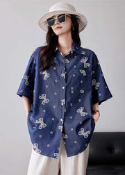 Modern Navy Oversized Print Cotton Blouse Tops Summer