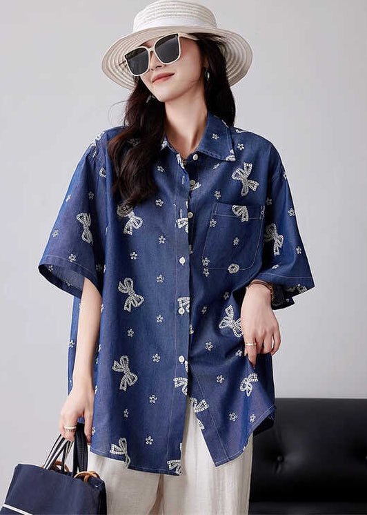 Modern Navy Oversized Print Cotton Blouse Tops Summer