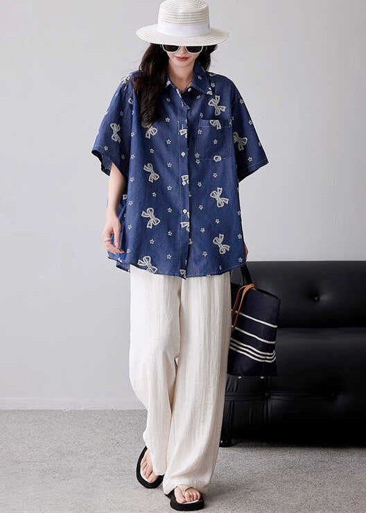 Modern Navy Oversized Print Cotton Blouse Tops Summer