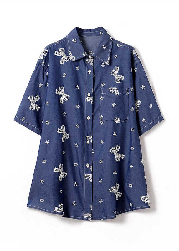 Modern Navy Oversized Print Cotton Blouse Tops Summer