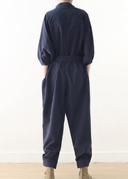 Modern Navy Oversized Tie Waist Cotton Overalls Jumpsuit Fall