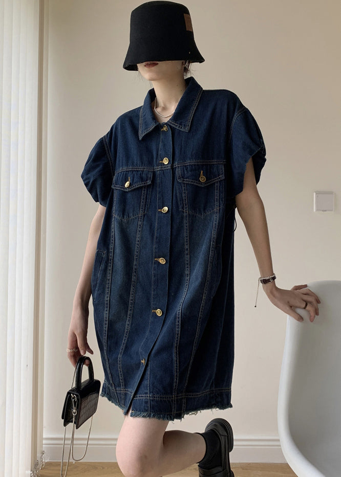 Modern Navy Peter Pan Collar Drawstring Patchwork Denim Dress Puff Sleeve