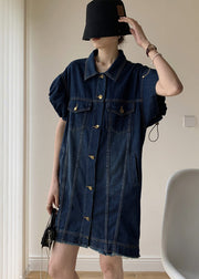 Modern Navy Peter Pan Collar Drawstring Patchwork Denim Dress Puff Sleeve