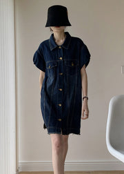 Modern Navy Peter Pan Collar Drawstring Patchwork Denim Dress Puff Sleeve