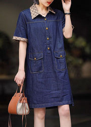 Modern Navy Peter Pan Collar Patchwork Denim Mid Dress Summer