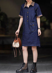 Modern Navy Peter Pan Collar Patchwork Denim Mid Dress Summer