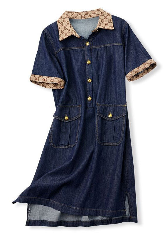 Modern Navy Peter Pan Collar Patchwork Denim Mid Dress Summer