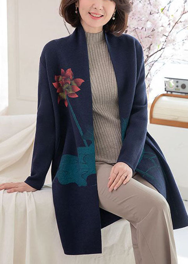 Modern Navy Pockets Floral Print Woolen Cardigans Long Sleeve