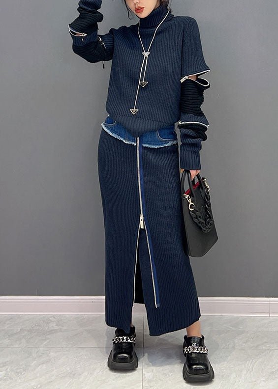 Modern Navy Turtleneck Patchwork zippered Knit Two Piece Set Winter