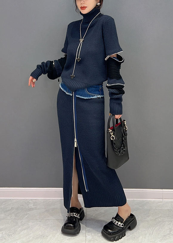 Modern Navy Turtleneck Patchwork zippered Knit Two Piece Set Winter