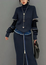 Modern Navy Turtleneck Patchwork zippered Knit Two Piece Set Winter