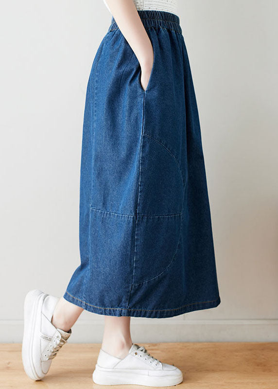 Modern Navy Wrinkled Pockets Elastic Waist Patchwork Denim Skirts Summer