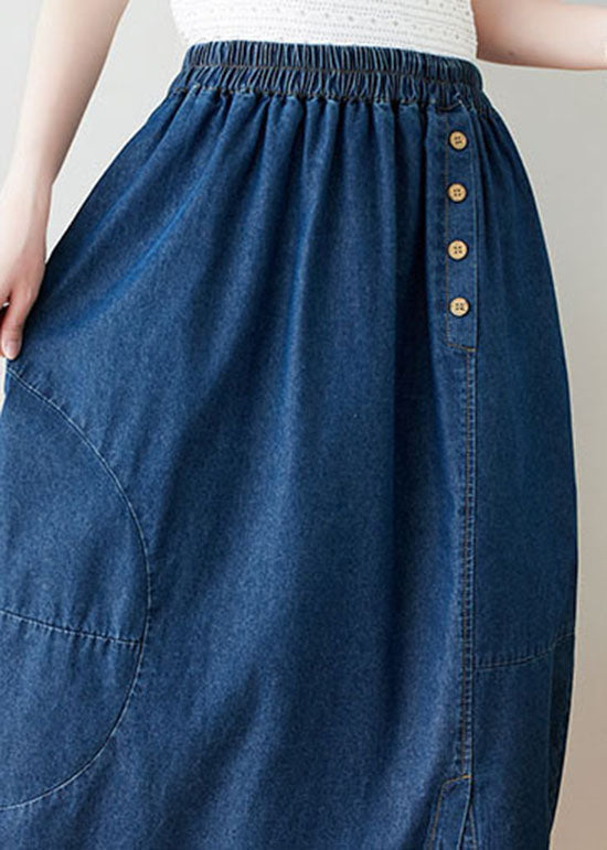 Modern Navy Wrinkled Pockets Elastic Waist Patchwork Denim Skirts Summer