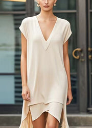 Modern Nude Tasseled Asymmetrical Design Cotton Day Dress Summer