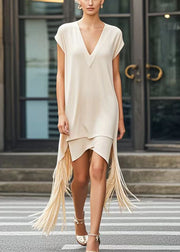 Modern Nude Tasseled Asymmetrical Design Cotton Day Dress Summer