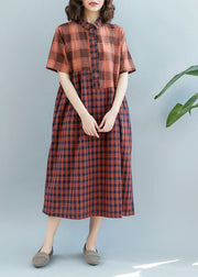 Modern Orange Chocolate Wrinkled Patchwork Plaid Cotton Linen Dress Short Sleeve