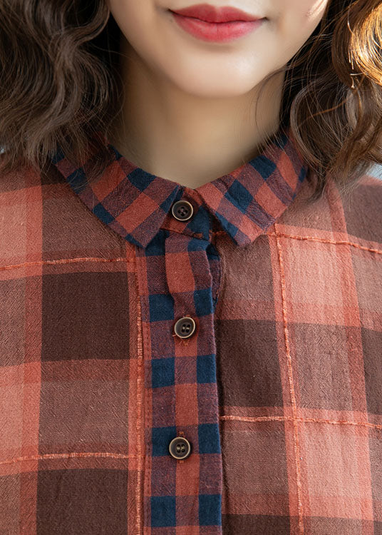 Modern Orange Chocolate Wrinkled Patchwork Plaid Cotton Linen Dress Short Sleeve