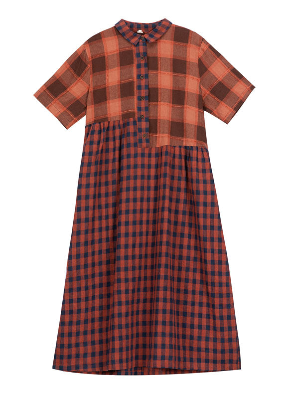 Modern Orange Chocolate Wrinkled Patchwork Plaid Cotton Linen Dress Short Sleeve