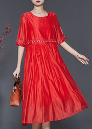 Modern Orange Embroidered Linen Silk Dress Summer