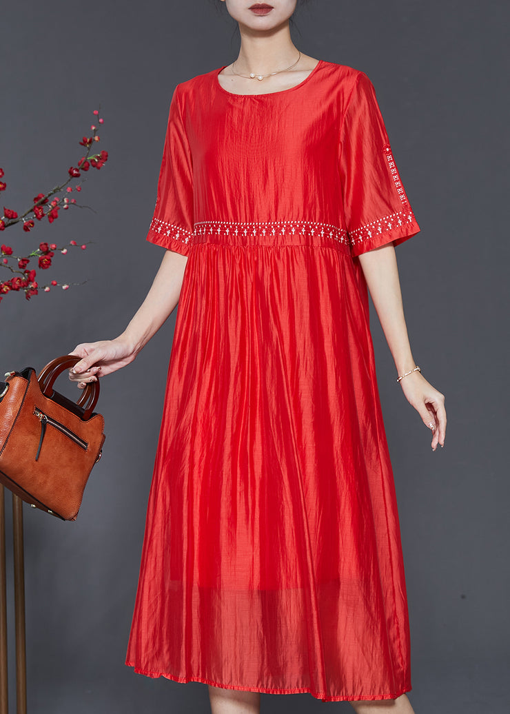 Modern Orange Embroidered Linen Silk Dress Summer
