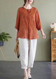 Modern Orange Embroideried Linen Shirts Bracelet Sleeve